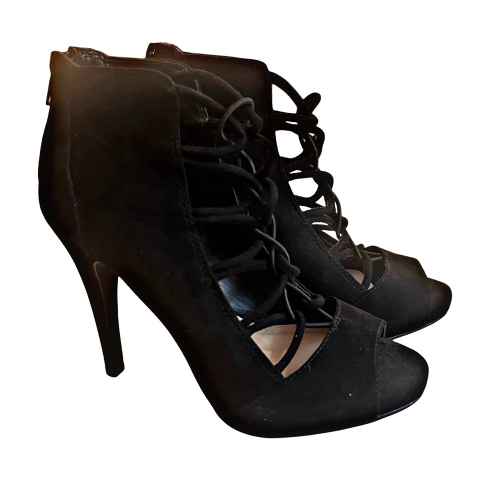 Fergie Tempest Black Open Toe Side Zip Edgy Sleek Glam Stiletto Shoe